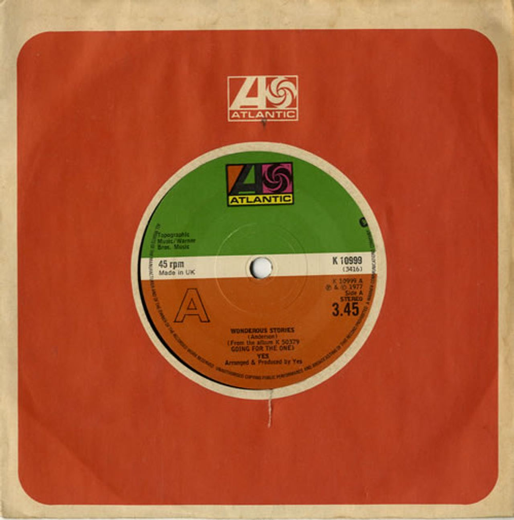 Yes Wonderous Stories UK 7" vinyl single (7 inch record / 45) K10999