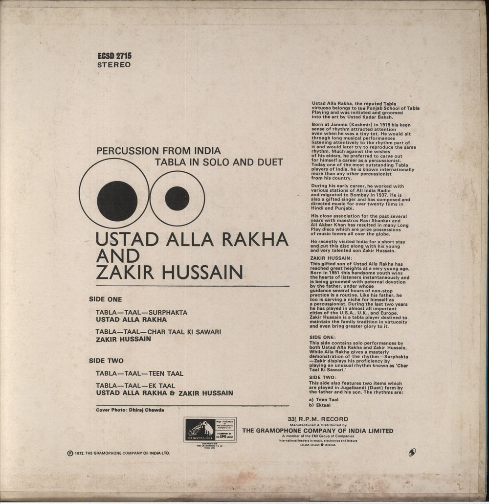 Zakir Hussain Percussion From India, Tabla In Solo And Duet Indian vinyl LP album (LP record)