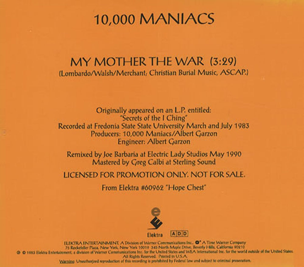 10,000 Maniacs My Mother The War US Promo CD single (CD5 / 5") PRCD8259-2