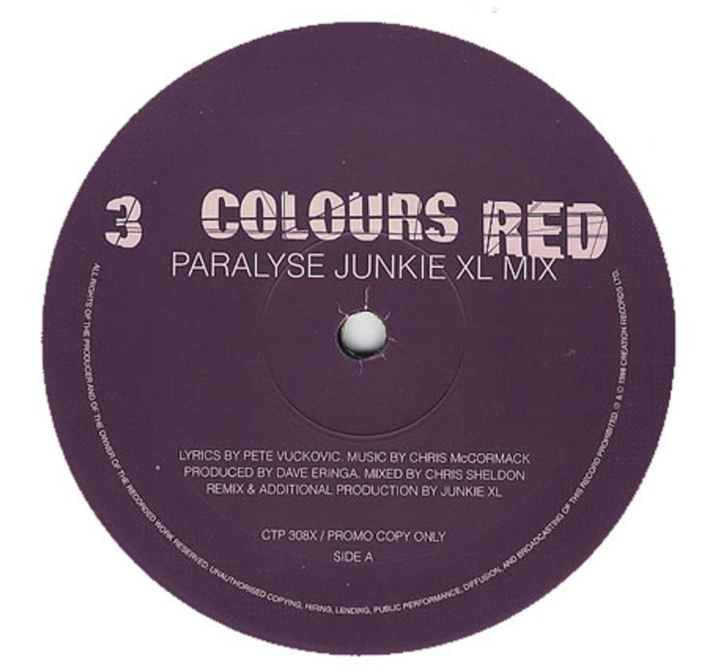 3 Colours Red Paralyse - Junkie XL Mix UK Promo 12" vinyl single (12 inch record / Maxi-single) CTP308X