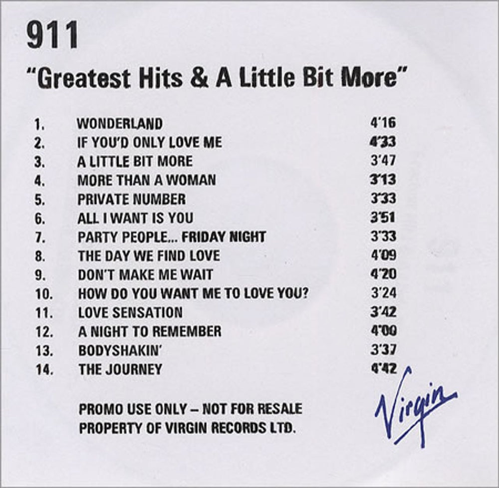 911 Greatest Hits & A Little Bit More UK Promo CD-R acetate CD ACETATE