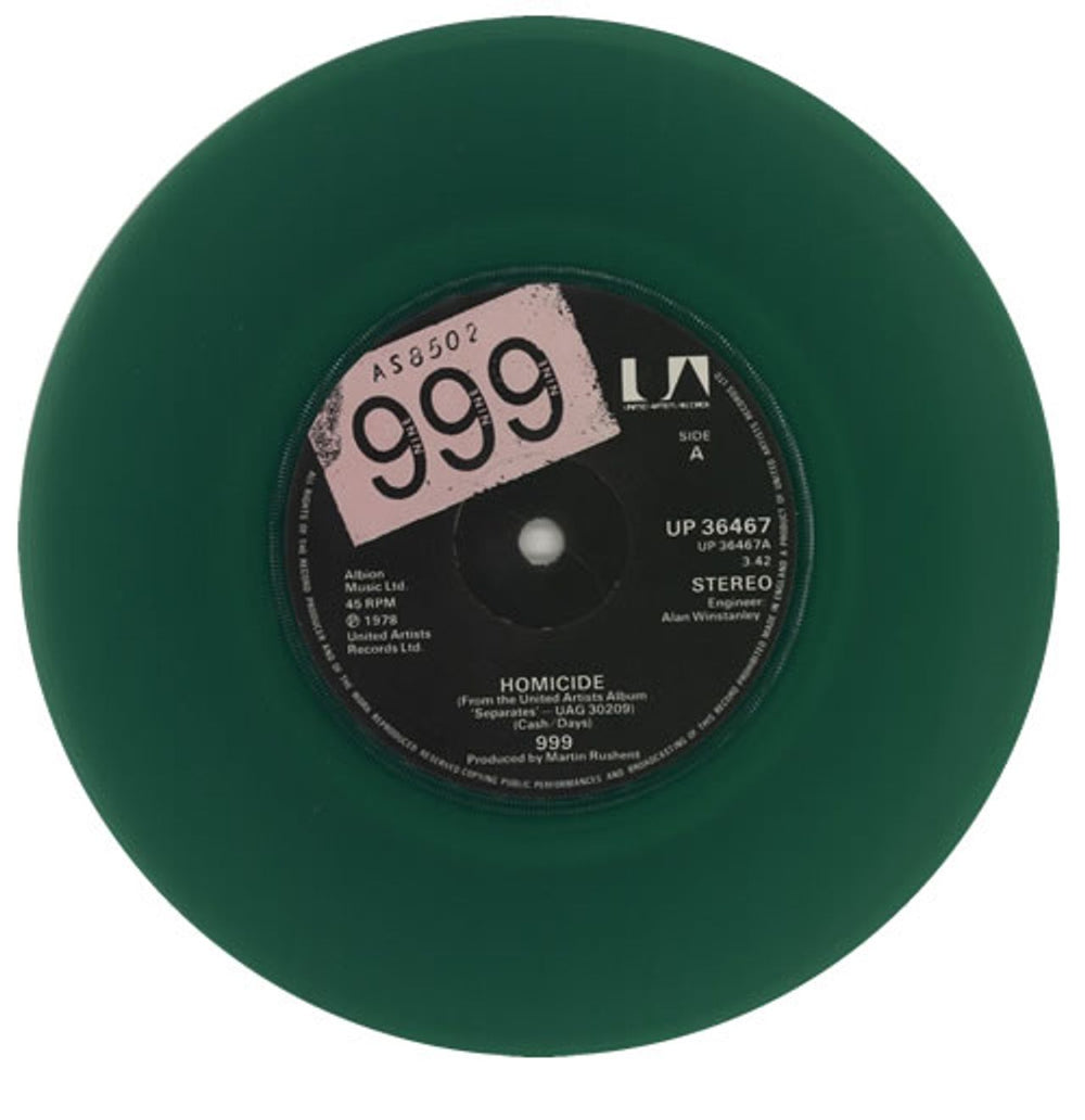 999 Homicide - Green UK 7" vinyl single (7 inch record / 45) 99907HO117896