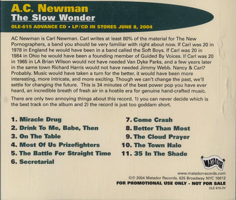 A.C Newman The Slow Wonder US Promo CD single (CD5 / 5") OLE615-2V