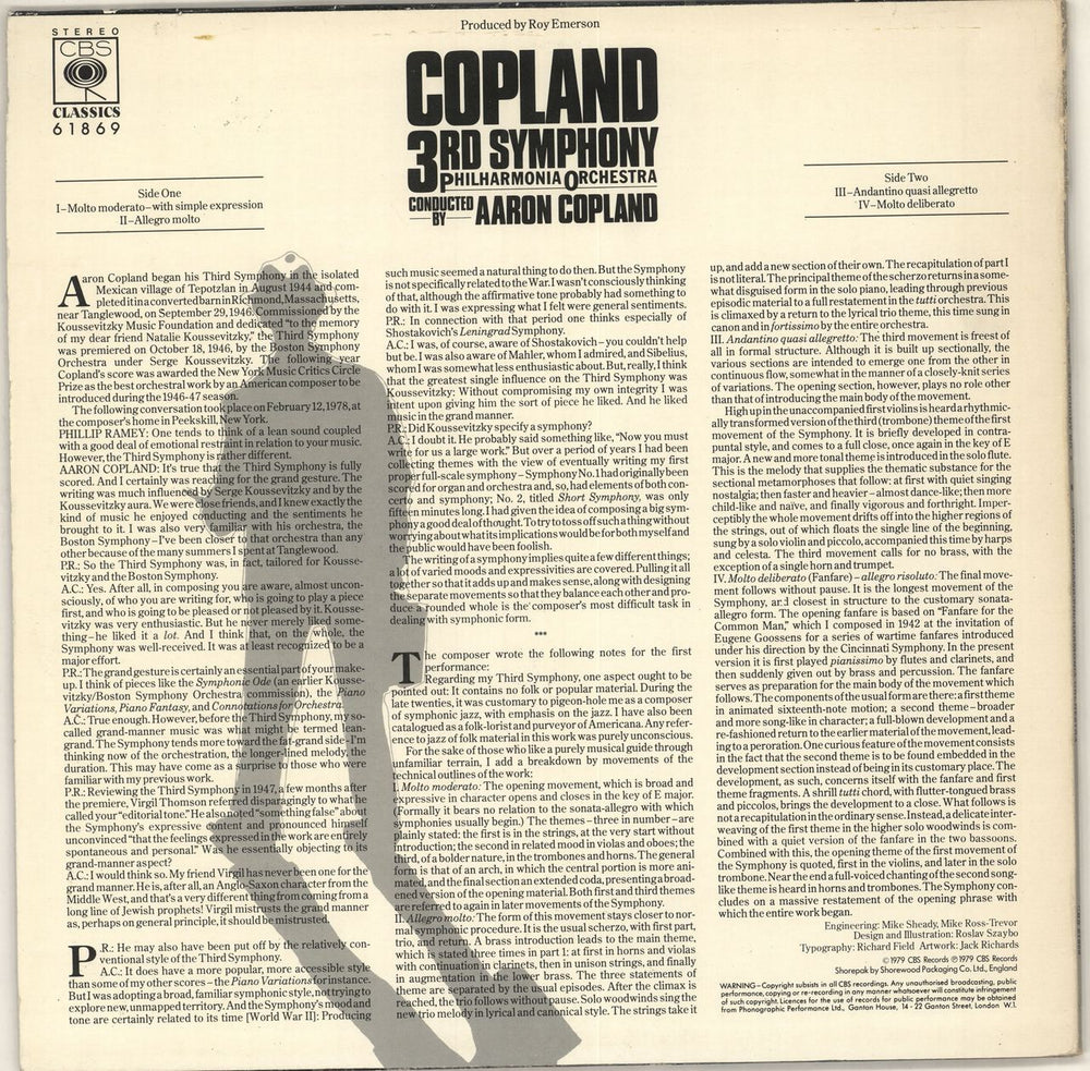 Aaron Copland Copland 3rd Symphony UK vinyl LP album (LP record)