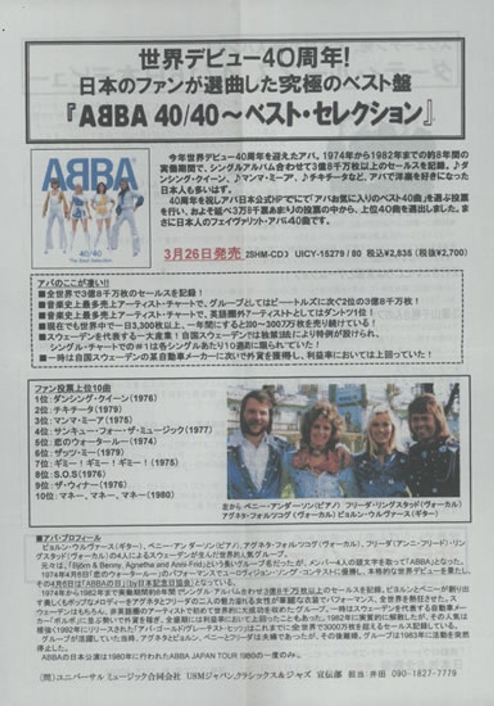 Abba 40/40 The Best Selection - Top 5 Votes Sampler Japanese Promo CD-R acetate ABBCRTH608203