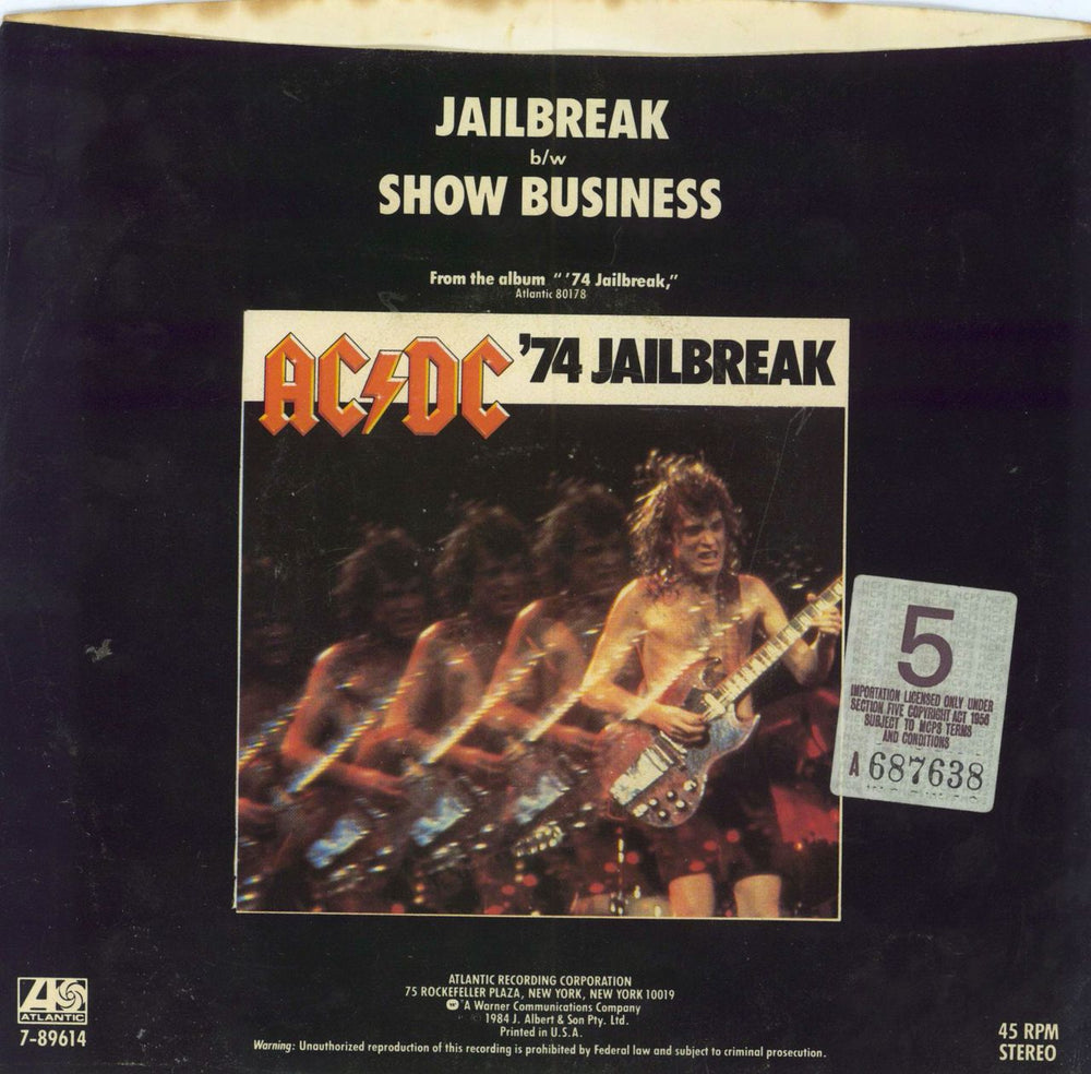 AC/DC Jailbreak + Sleeve US 7" vinyl single (7 inch record / 45)