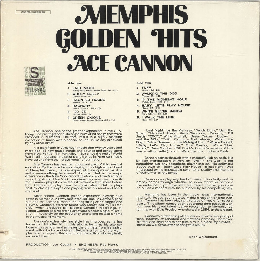 Ace Cannon Memphis Golden Hits US vinyl LP album (LP record)