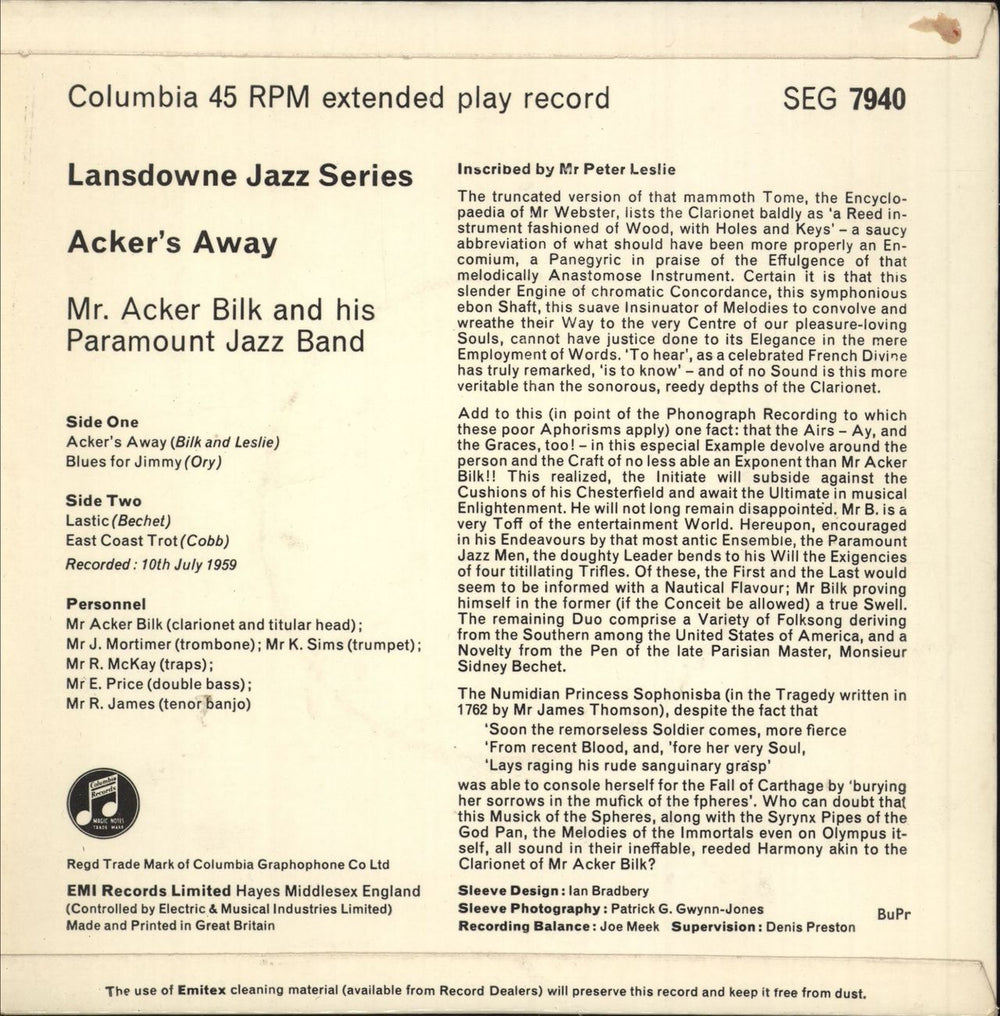 Acker Bilk Acker's Away EP UK 7" vinyl single (7 inch record / 45)