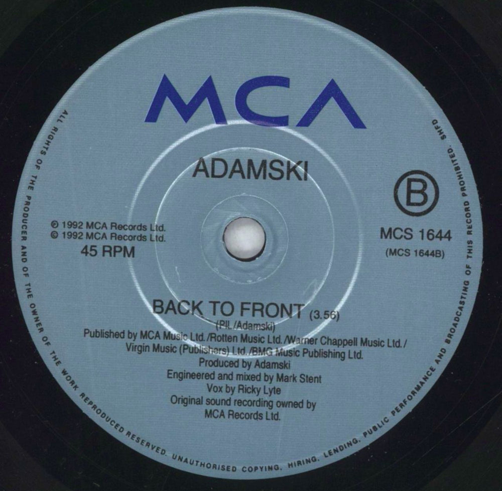 Adamski Back To Front UK 7" vinyl single (7 inch record / 45) SKI07BA827203