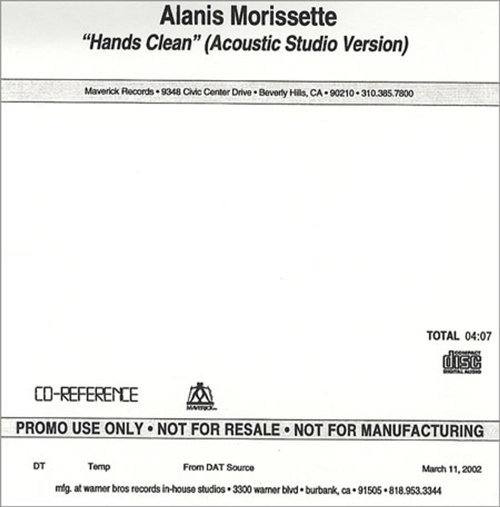 Alanis Morissette Hands Clean - Acoustic Studio Version US Promo CD-R acetate ANSCRHA232112