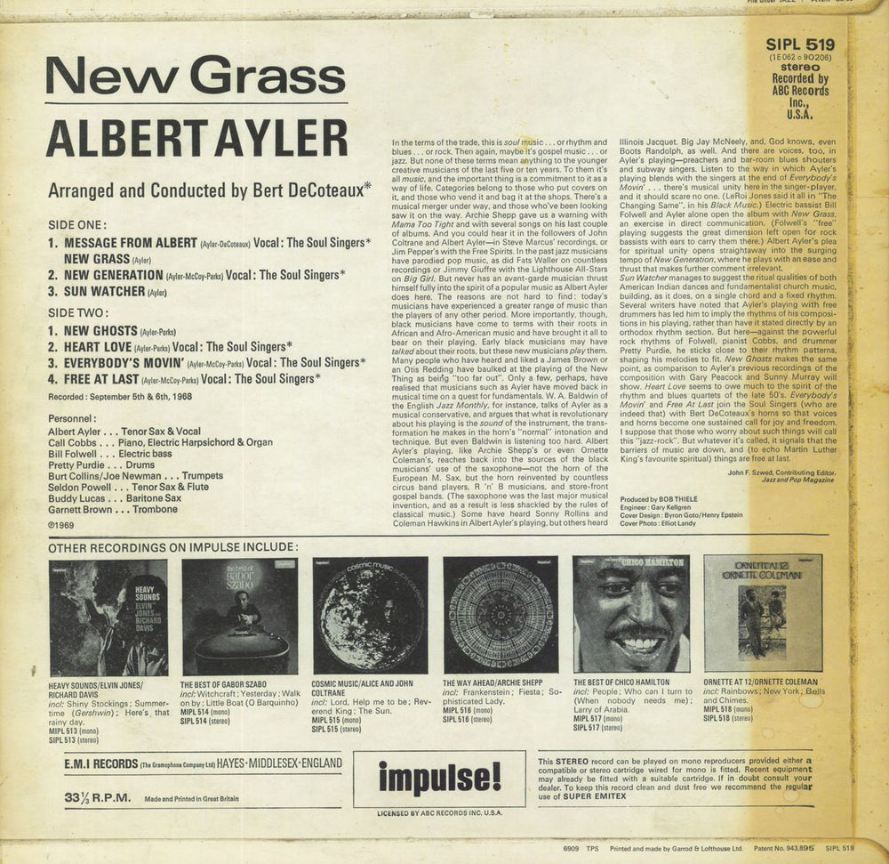 Albert Ayler New Grass - VG UK vinyl LP album (LP record)