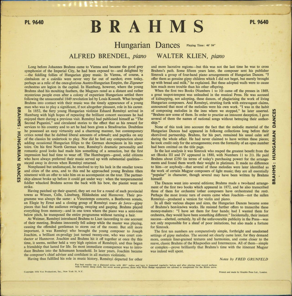 Alfred Brendel Brahms: Hungarian Dances UK vinyl LP album (LP record)