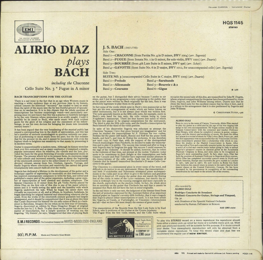 Alirio Díaz Plays Bach UK vinyl LP album (LP record)