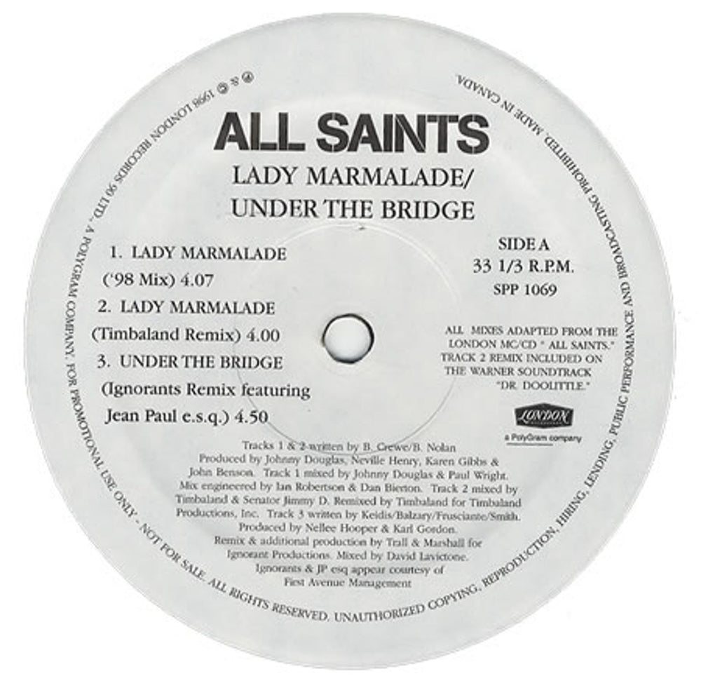 All Saints Lady Marmalade Canadian Promo 12" vinyl single (12 inch record / Maxi-single) SPP1069