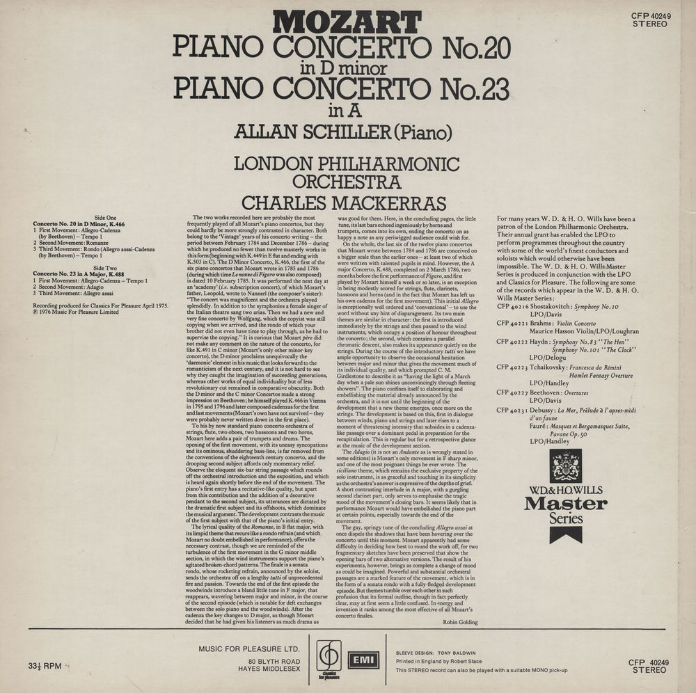 Allan Schiller Mozart: Piano Concertos Nos. 20 & 23 UK vinyl LP album (LP record)