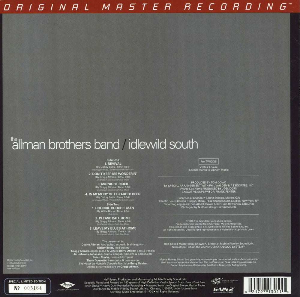 Allman Brothers Band Idlewild South - 180gm US vinyl LP album (LP record) 821797130110