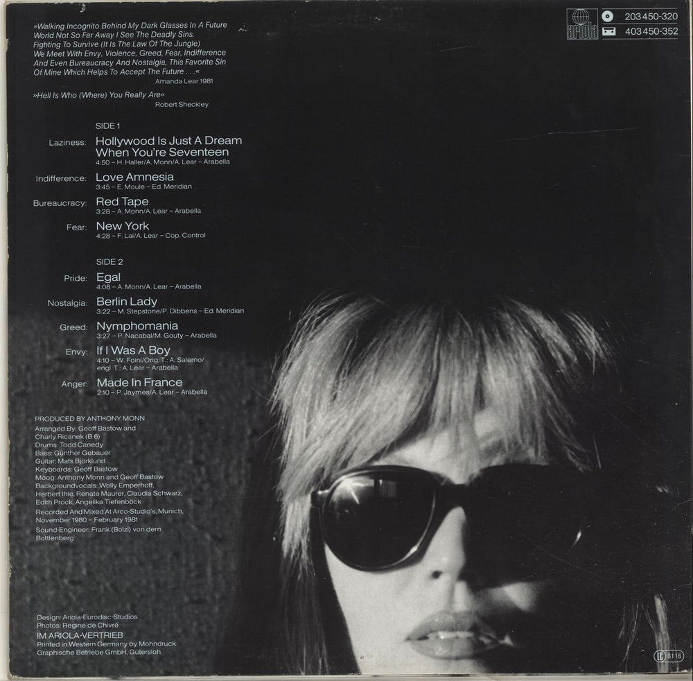 Amanda Lear Incognito German vinyl LP album (LP record)