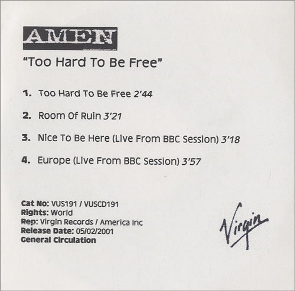 Amen Too Hard To Be Free UK CD-R acetate CD ACETATE