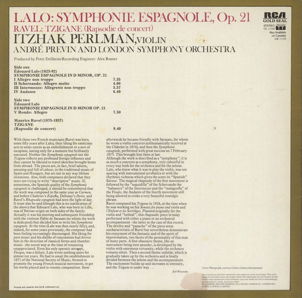 André Previn Lalo: Symphonie Espagnole / Ravel: Tzigane (Rapsodie De Concert) UK vinyl LP album (LP record)