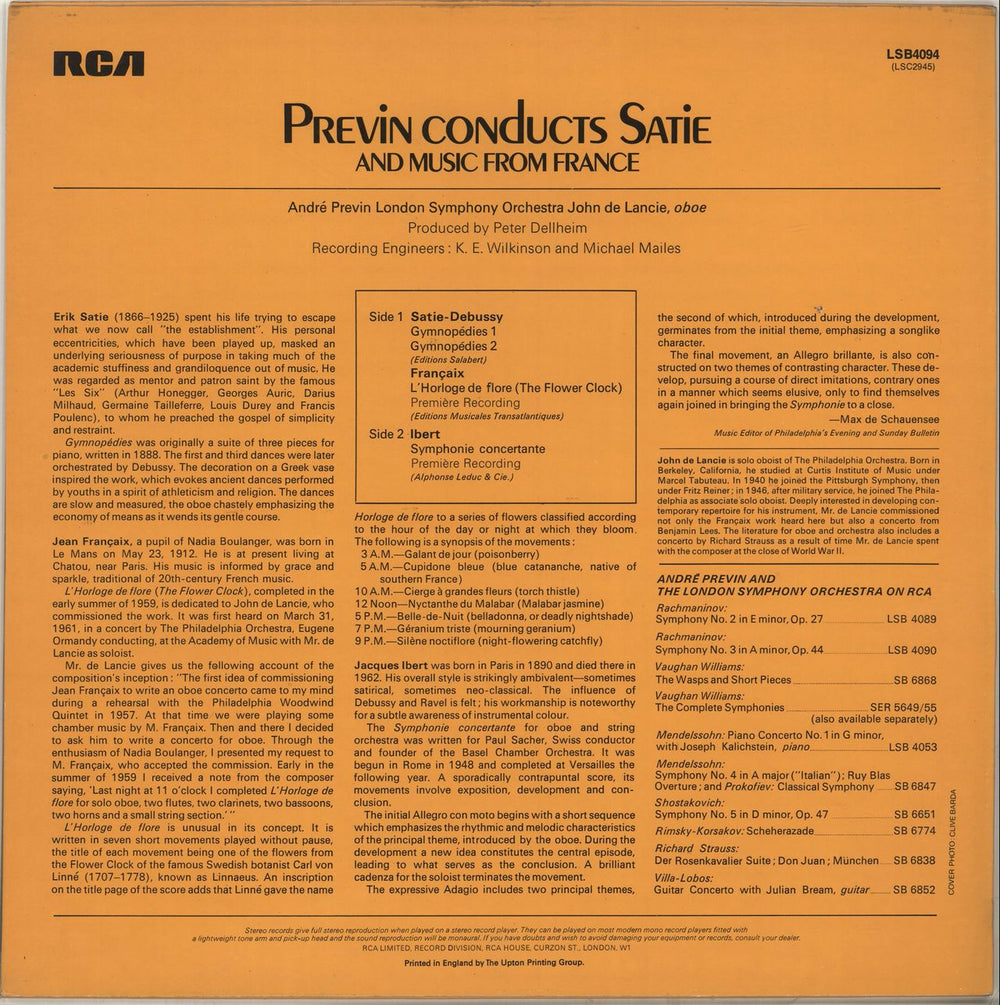 André Previn Previn Conduts Satie And Music From France UK vinyl LP album (LP record)