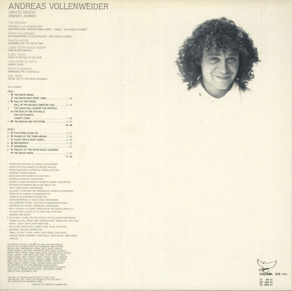 Andreas Vollenweider White Winds Swiss vinyl LP album (LP record)