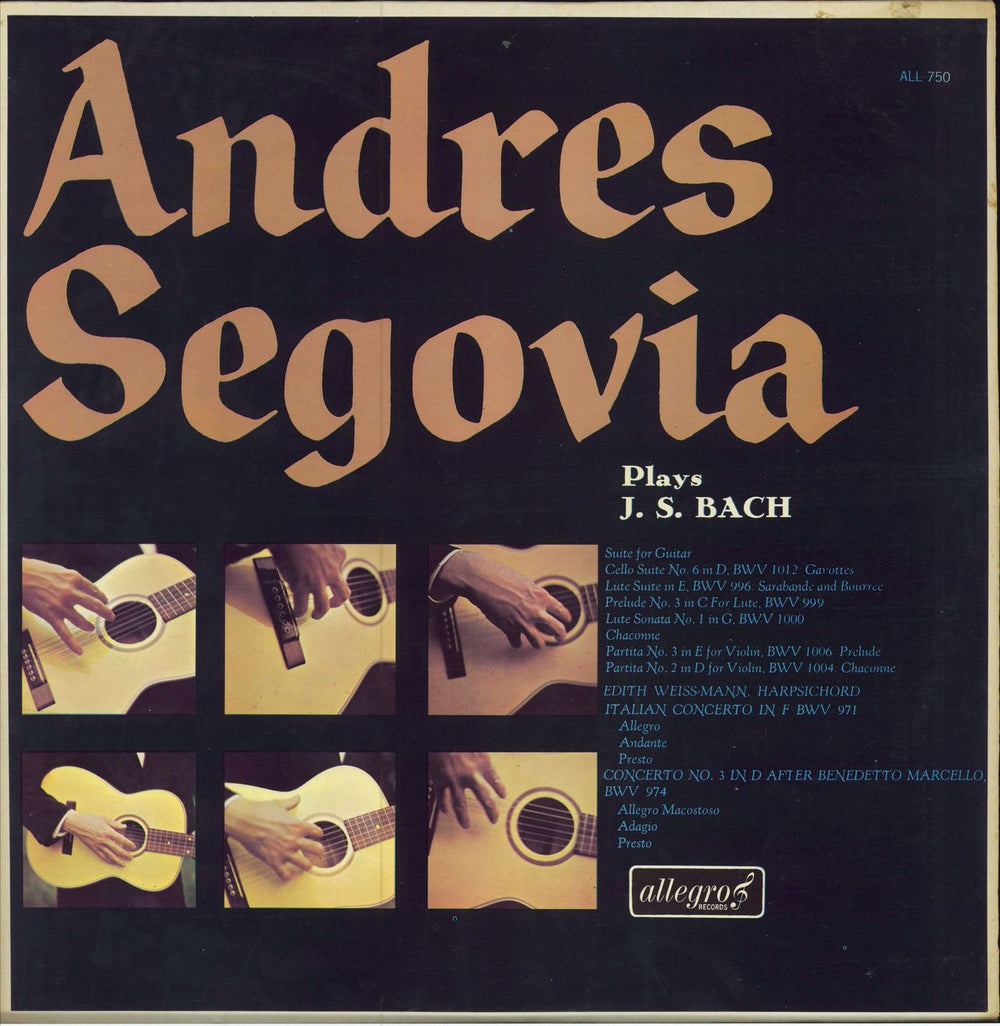 Andrés Segovia Andrés Segovia Plays J. S. Bach UK vinyl LP album (LP record) ALL750