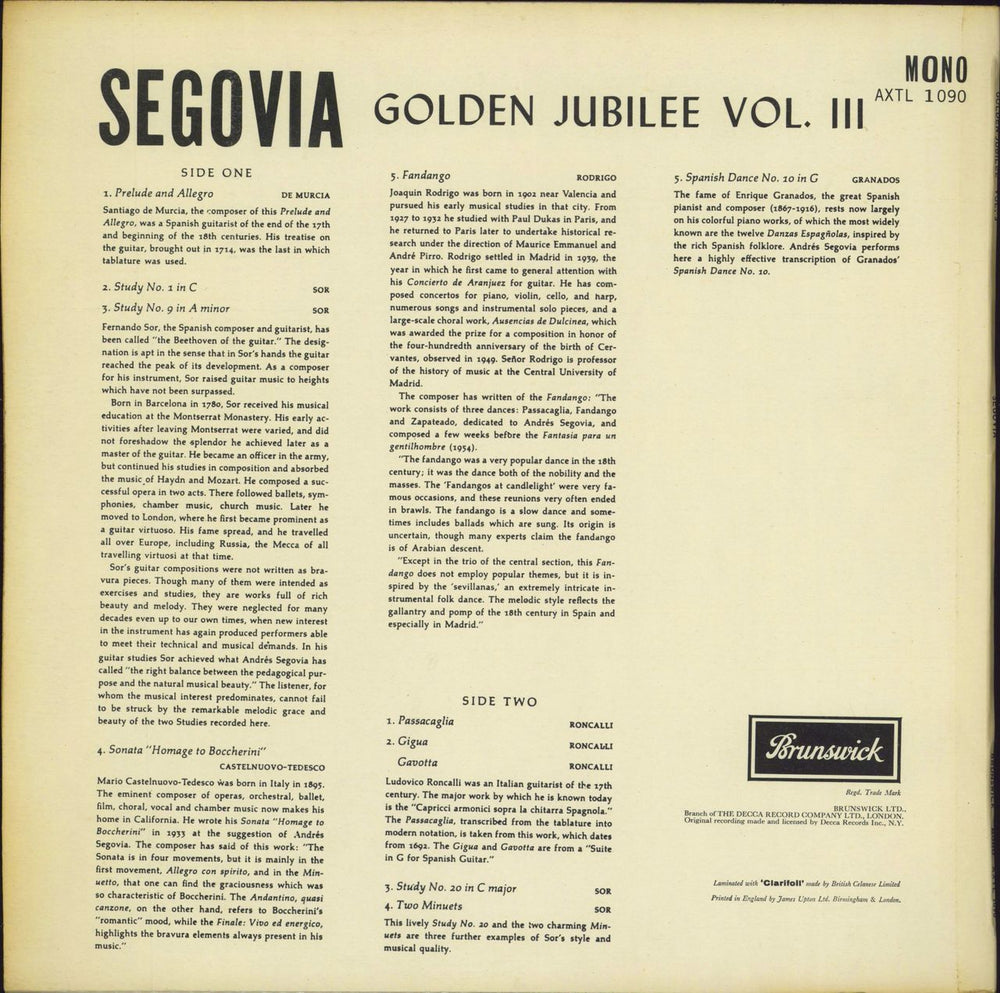 Andrés Segovia Golden Jubilee Volume 3 UK vinyl LP album (LP record)