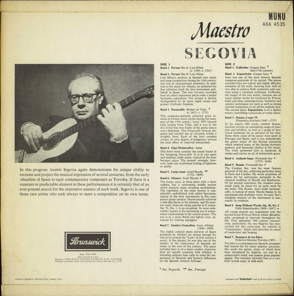 Andrés Segovia Maestro UK vinyl LP album (LP record)