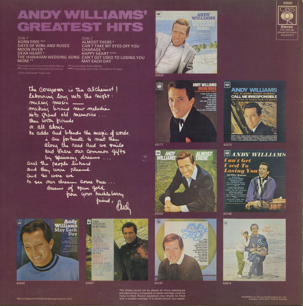 Andy Williams Andy Williams' Greatest Hits - Graduated Label UK vinyl LP album (LP record)