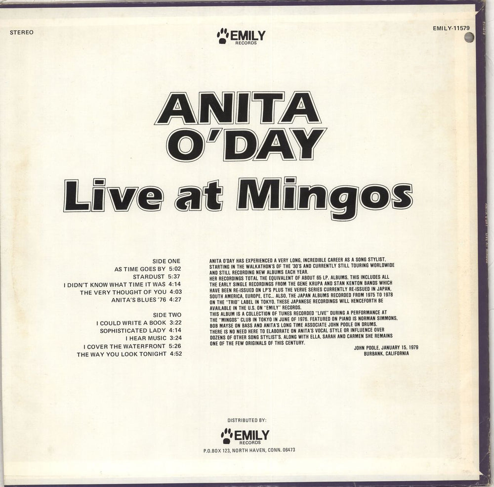 Anita O'Day Live At Mingo's US vinyl LP album (LP record)