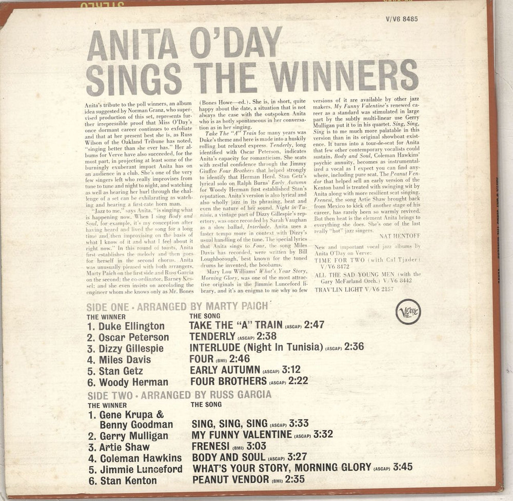 Anita O'Day Sings The Winners US vinyl LP album (LP record)