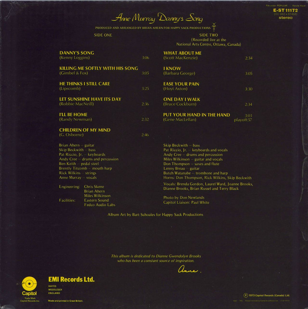 Anne Murray Danny's Song UK vinyl LP album (LP record)