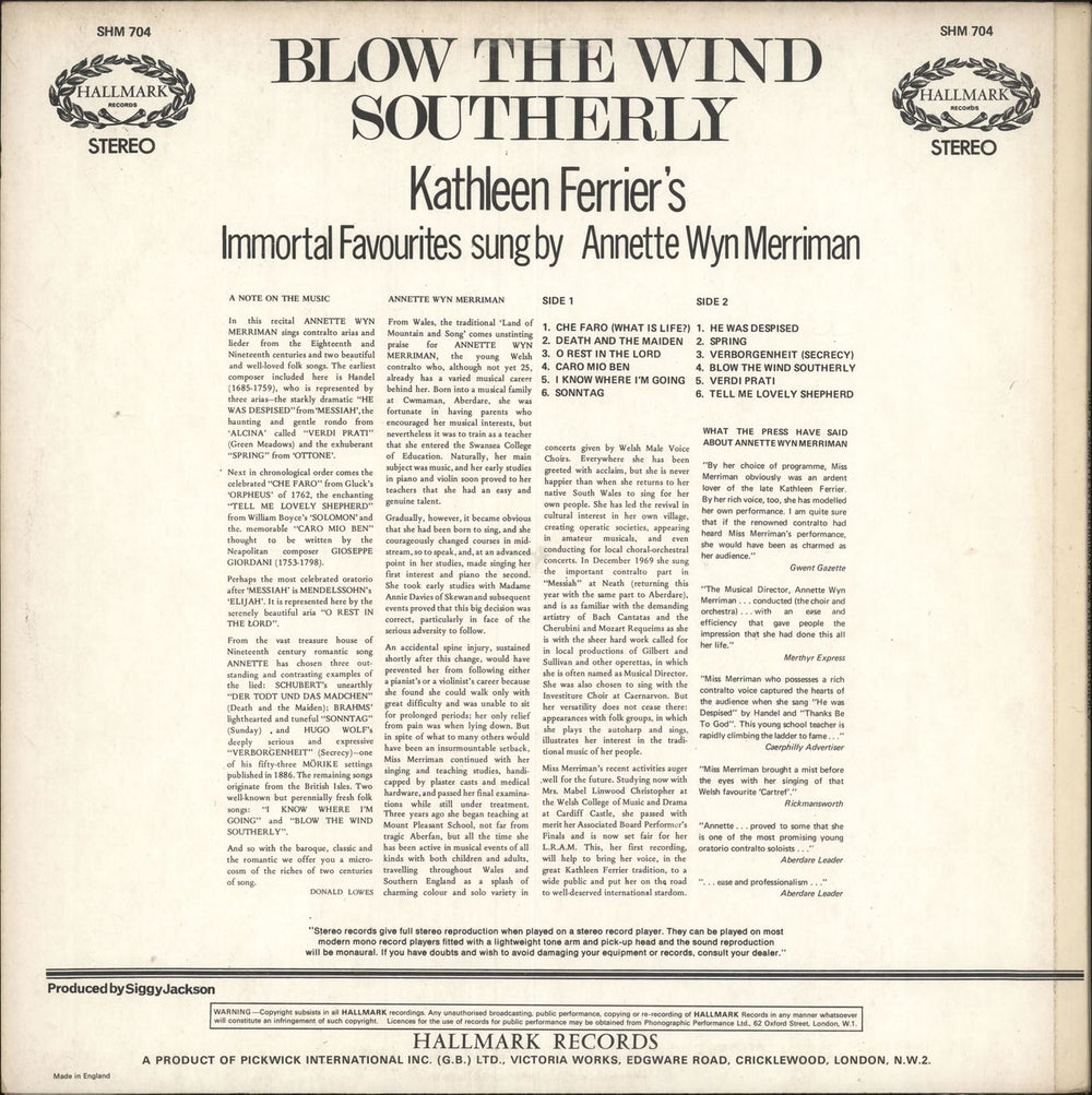 Annette Wyn Merriman Blow The Wind Southerly UK vinyl LP album (LP record)