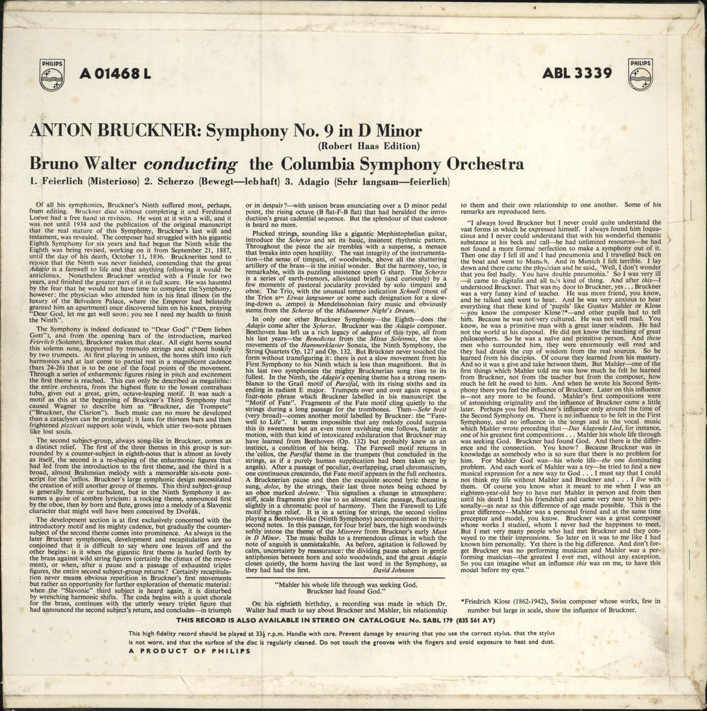 Anton Bruckner Symphonie Nr. 9 D-moll UK vinyl LP album (LP record)