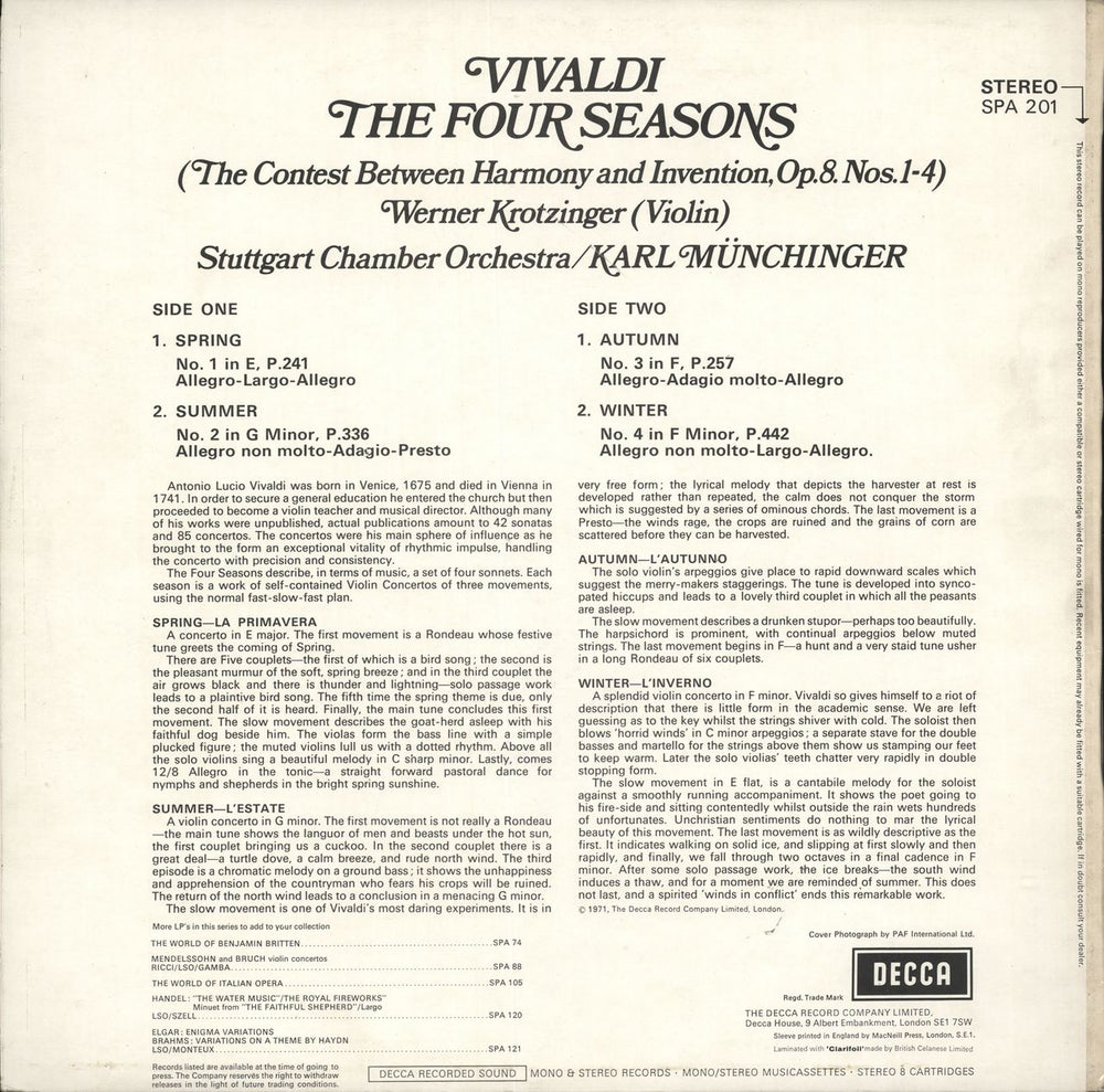 Antonio Vivaldi The Four Seasons UK vinyl LP album (LP record)