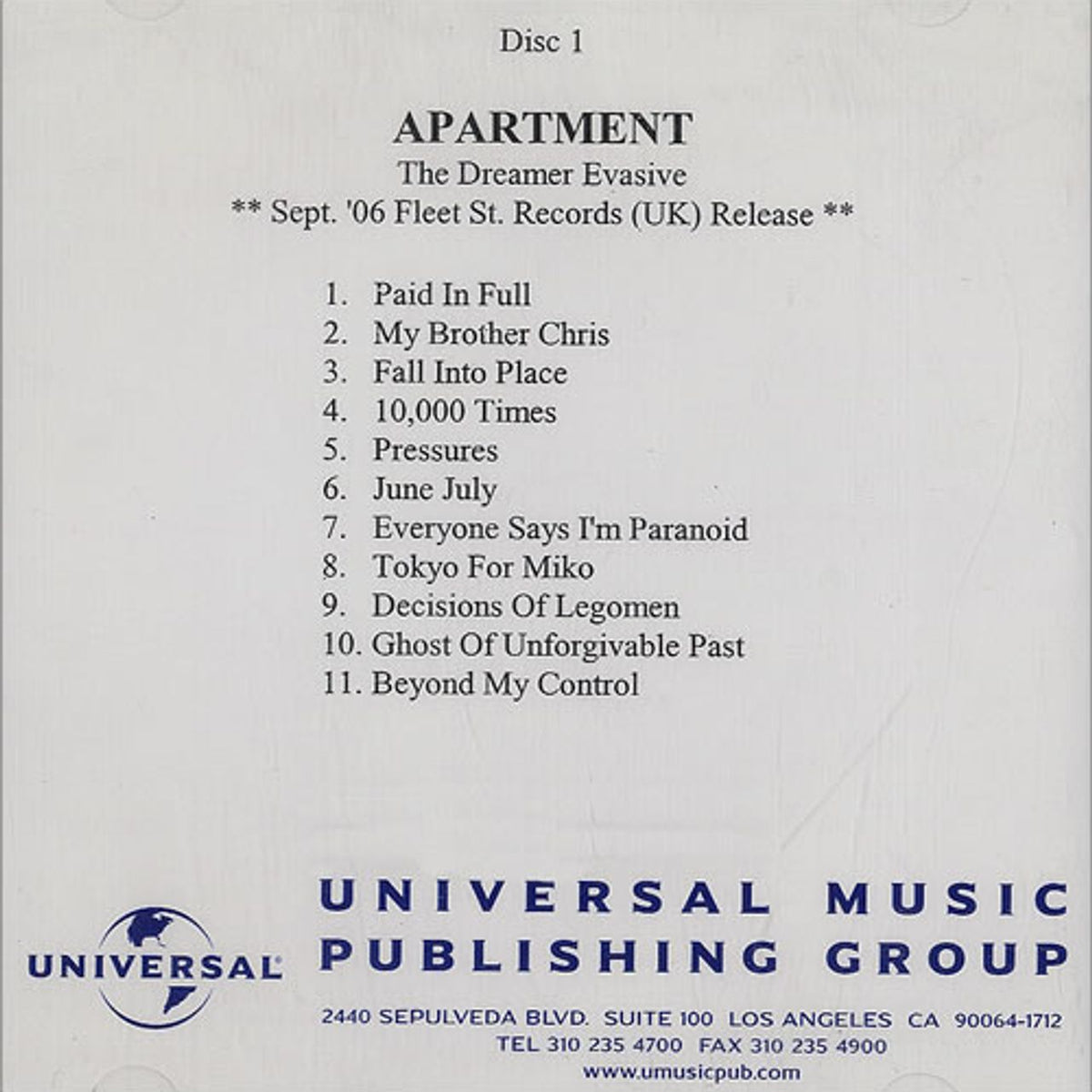 Apartment The Dreamer Evasive B Sides US Promo CD R acetate