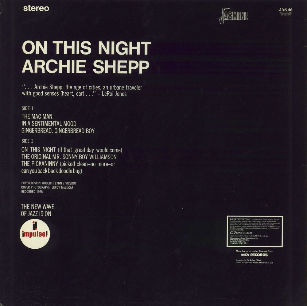 Archie Shepp On This Night UK vinyl LP album (LP record)