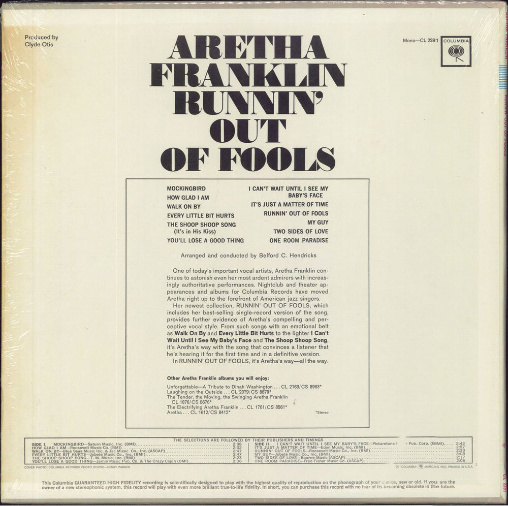 Aretha Franklin Runnin' Out Of Fools - Shrink US vinyl LP album (LP record)