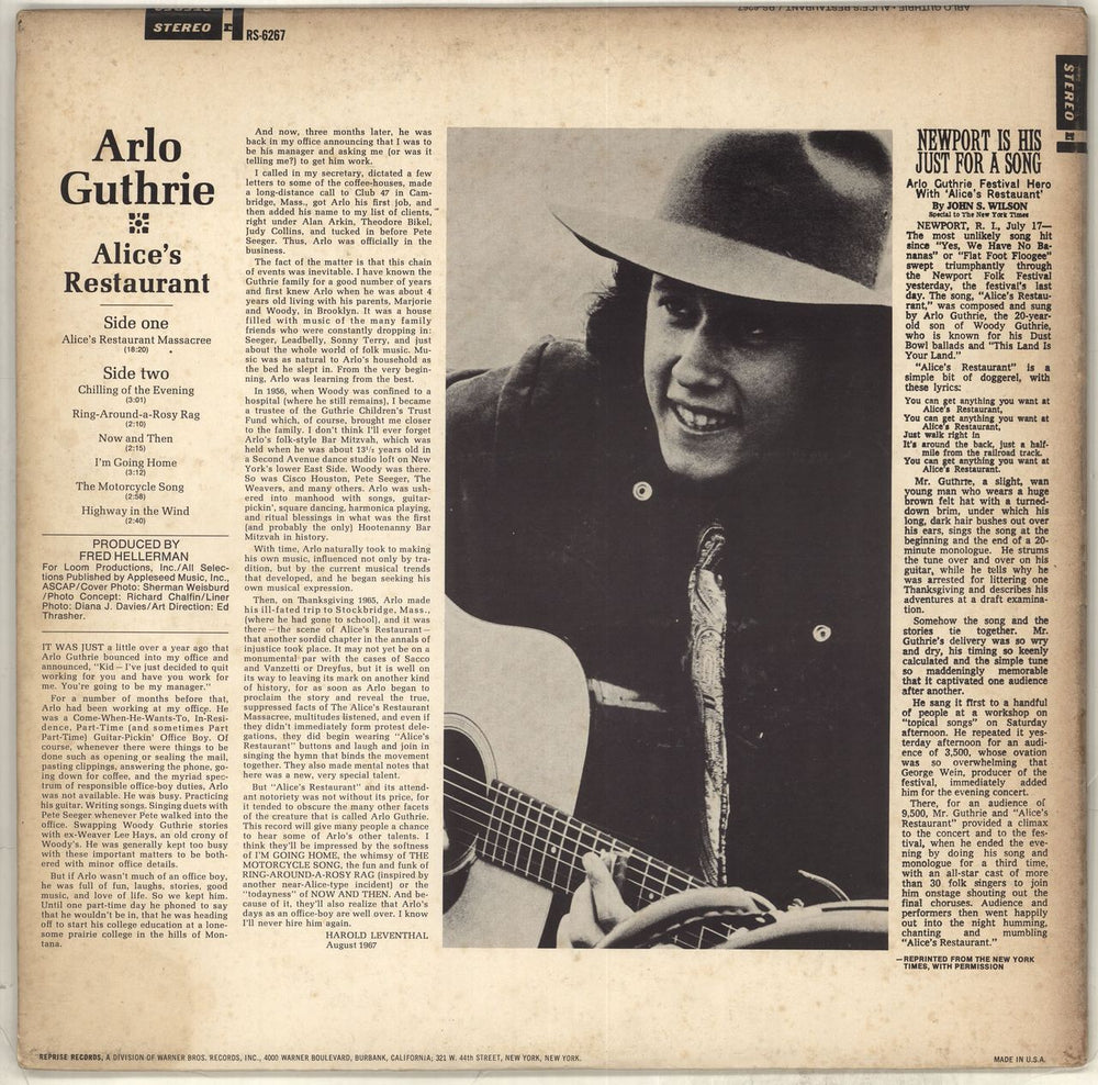 Arlo Guthrie Alice's Restaurant US vinyl LP album (LP record)