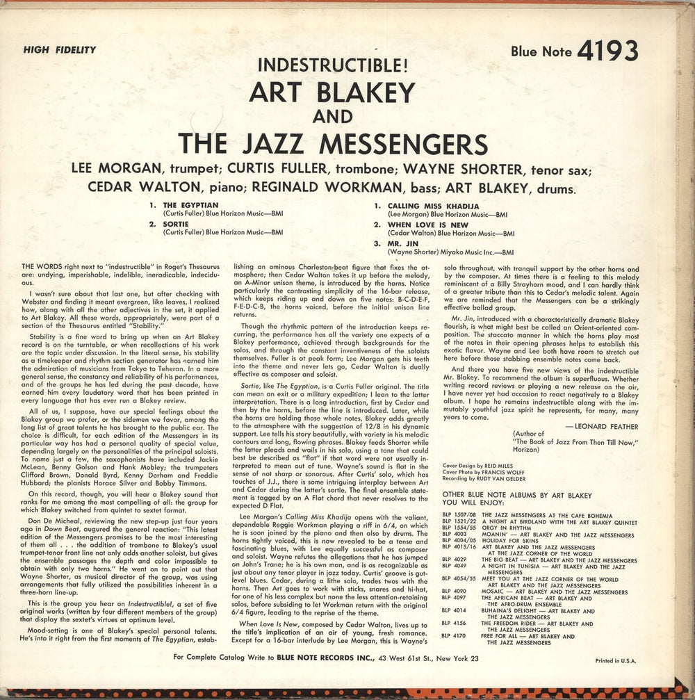 Art Blakey & The Jazz Messengers Indestructible! - 1st NY US vinyl LP album (LP record)