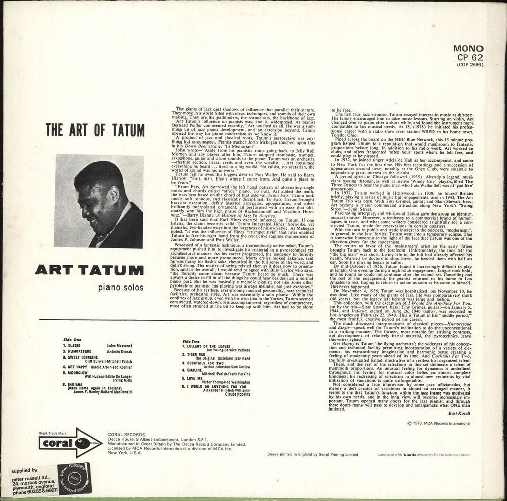 Art Tatum The Art Of Tatum UK vinyl LP album (LP record)