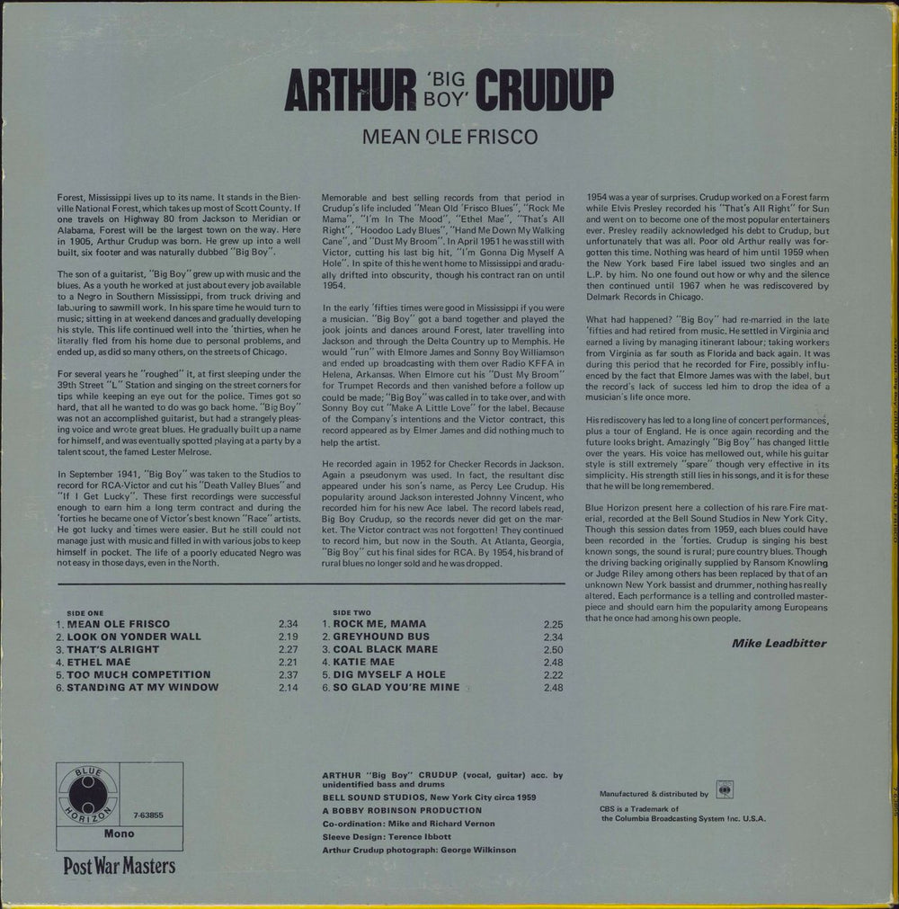 Arthur 'Big Boy' Crudup Mean Ole Frisco UK vinyl LP album (LP record)