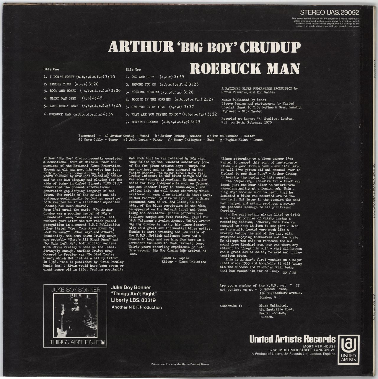 Arthur 'Big Boy' Crudup Roebuck Man UK Vinyl LP — RareVinyl.com