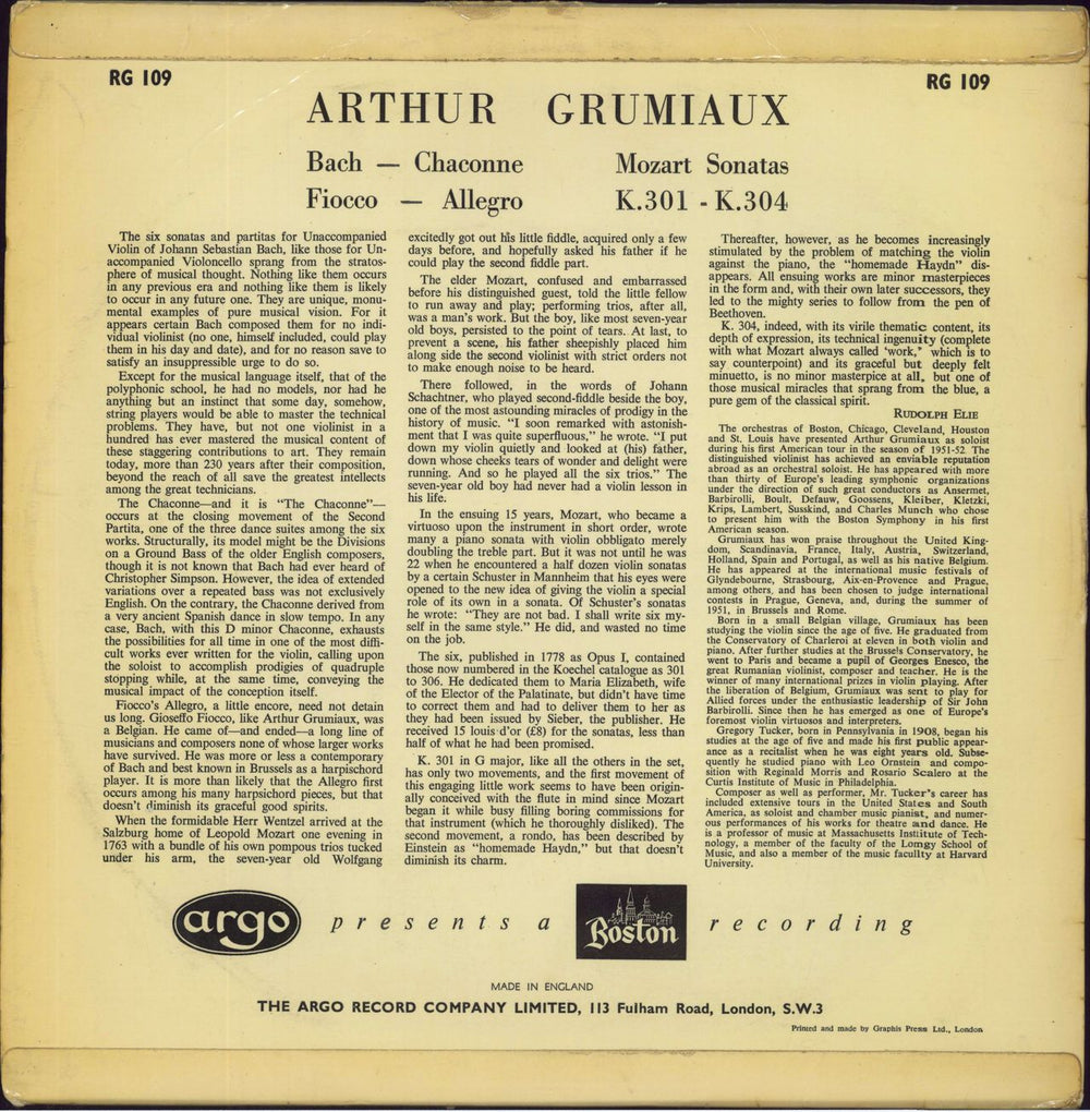 Arthur Grumiaux Bach: Chaconne / Mozart: Sonatas / Fiocco: Allegro UK vinyl LP album (LP record)