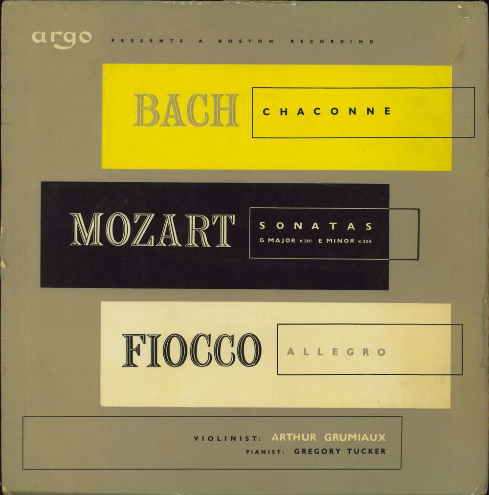 Arthur Grumiaux Bach: Chaconne / Mozart: Sonatas / Fiocco: Allegro UK vinyl LP album (LP record) RG109