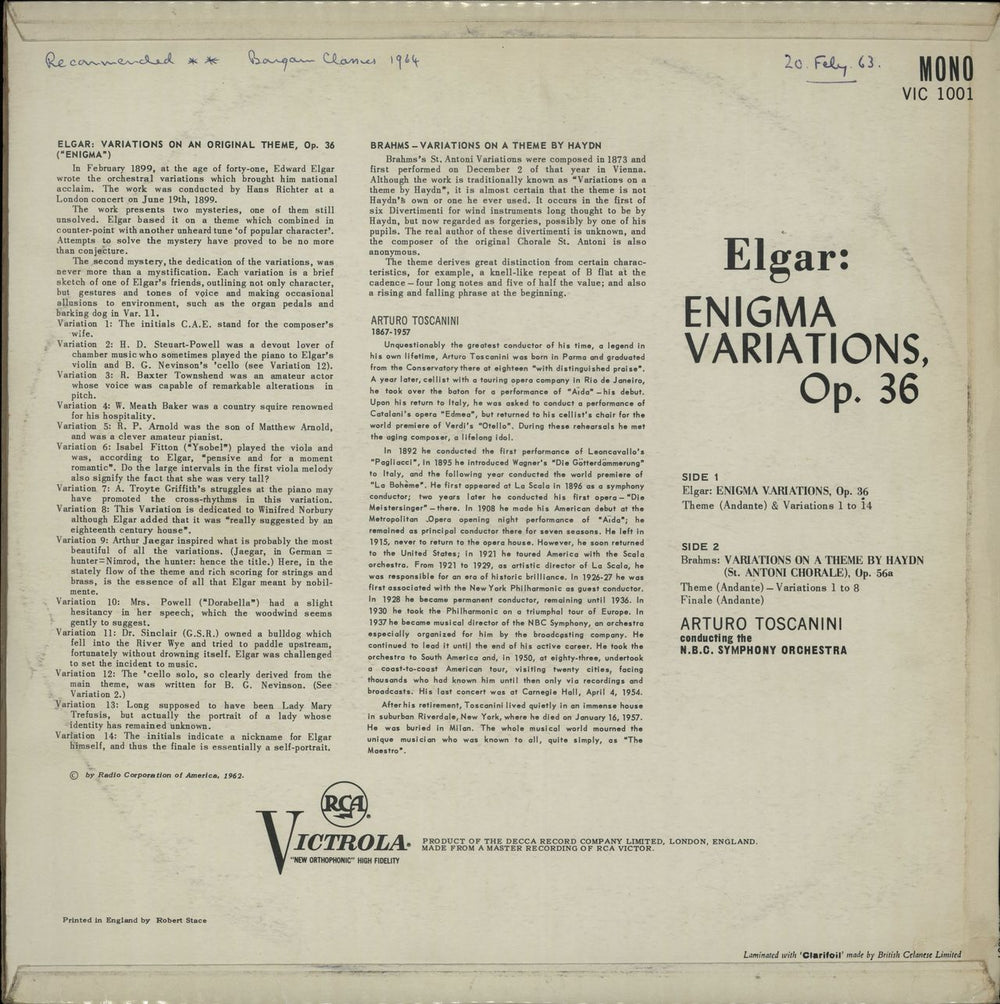 Arturo Toscanini Elgar: Enigma Variations, Op. 36 / Brahms: Variations On A Theme By Haydn UK vinyl LP album (LP record) A35LPEL651368