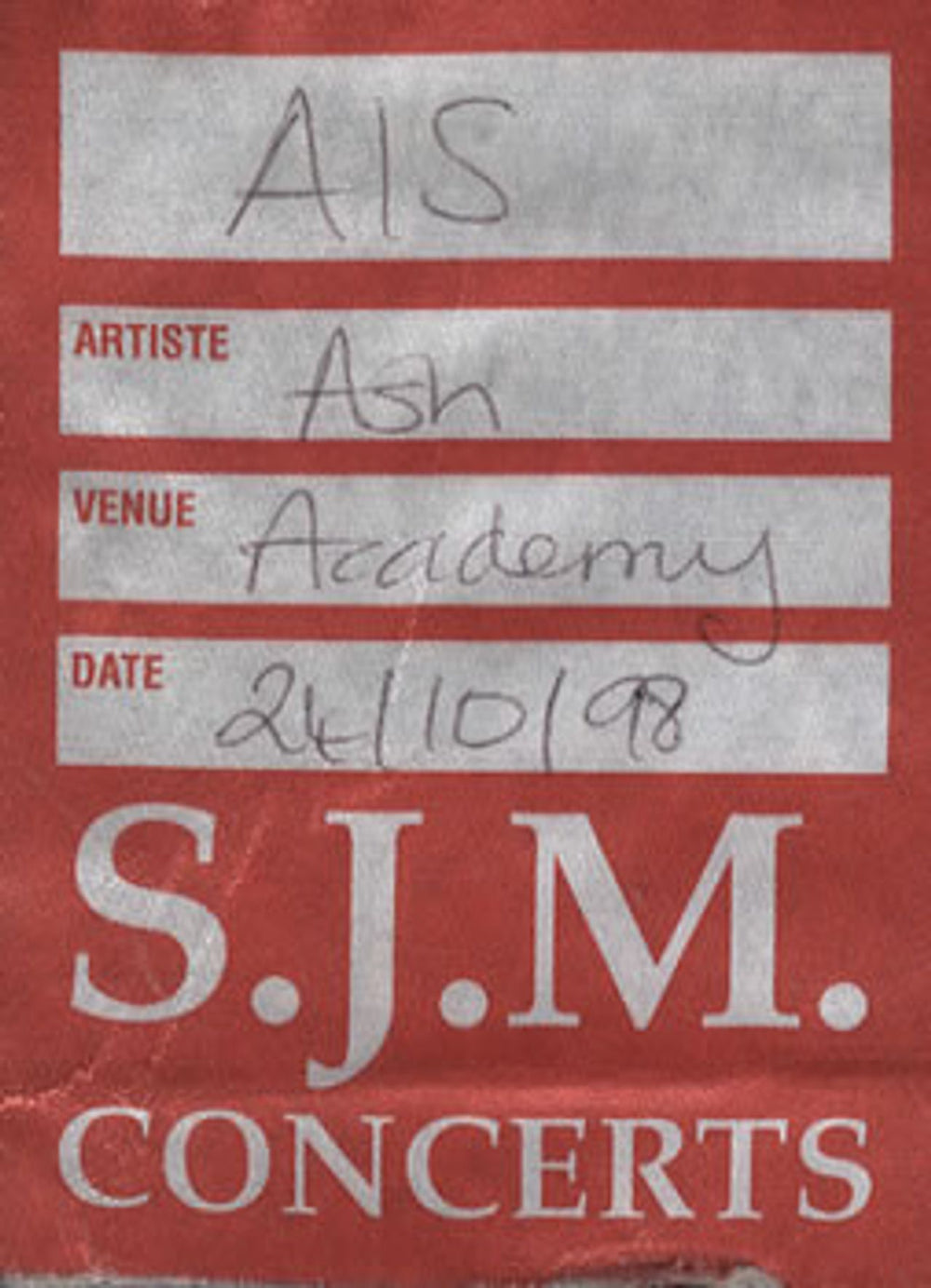 Ash Backstage Pass UK tour pass BACKSTAGE PASS