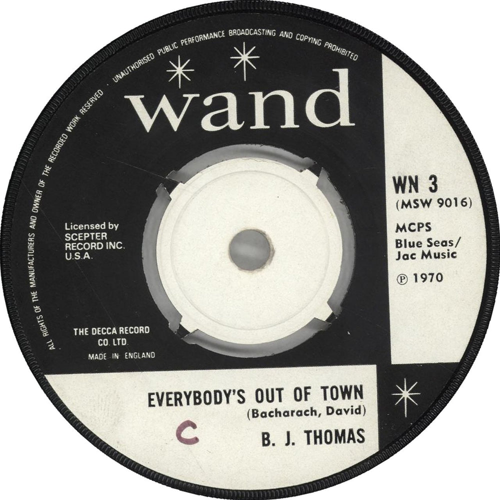 B.J. Thomas Everybody's Out Of Town UK 7" vinyl single (7 inch record / 45) WN3