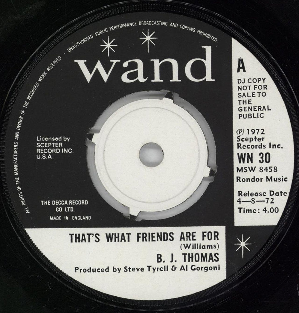 B.J. Thomas That's What Friends Are For - A Label UK Promo 7" vinyl single (7 inch record / 45) WN30