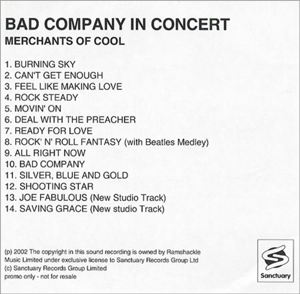 Bad Company Merchants Of Cool UK Promo CD-R acetate BCOCRME212671